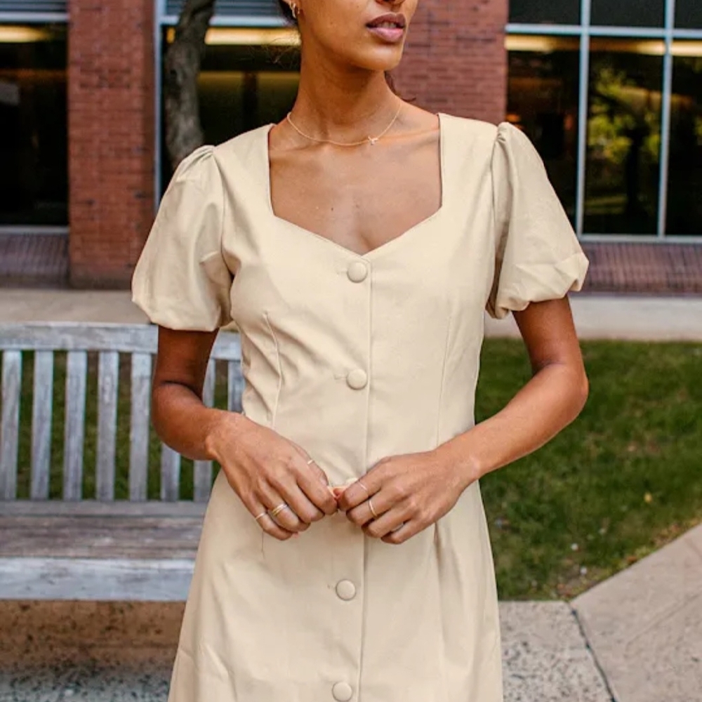 NWOT Lulus Aiming to Achieve Beige Vegan Leather Puff Sleeve‎ Mini Dress